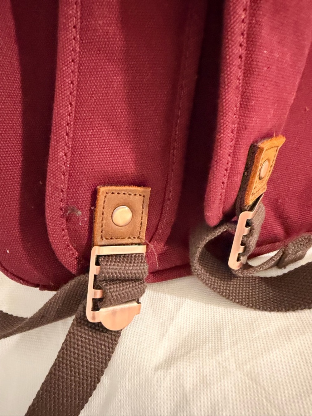 Men's Canvas Backpack in Burgundy with Brown Straps